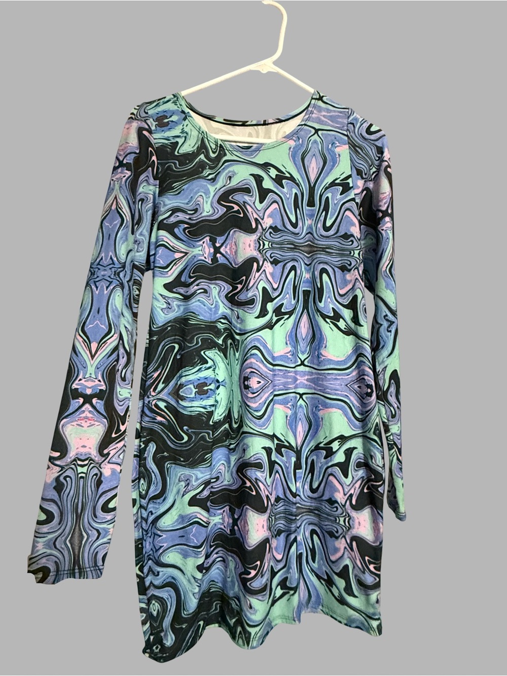 Abstract Swirl Long Sleeve Dress in Mint, Pastel Blue & Black